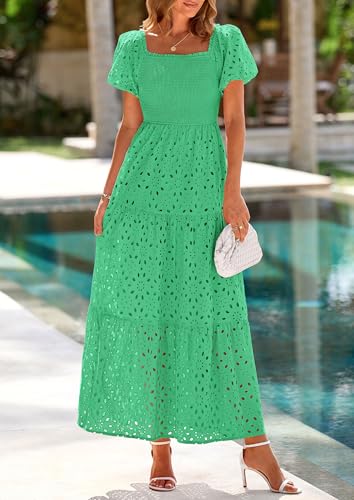 Image of PRETTYGARDEN Summer Dresses for Women 2026 Eyelet Square Neck Puff Sleeve Smocked Wedding Guest Maxi Dress with Pockets