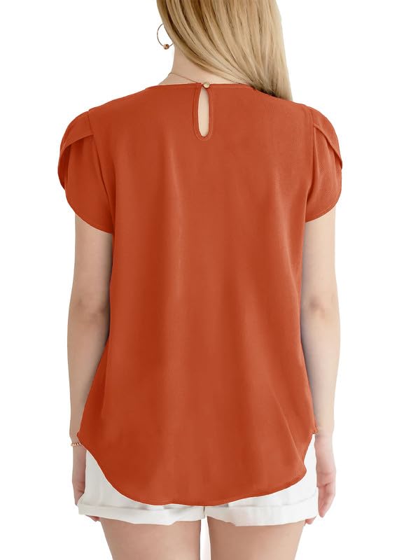Dokotoo Women's Casual Round Neck Basic Pleated Tops Short Sleeve Loose Fit Curved Keyhole Back Chiffon Blouses Tshirts