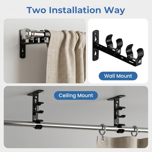 Image of HASTHIP Double Layer Wall Mounted Curtain Rod Brackets with Screw Kit, Telescopic Carbon Steel Curtain Holders, Black Finish Drapery Rod Support Brackets for Window Treatment Hardware