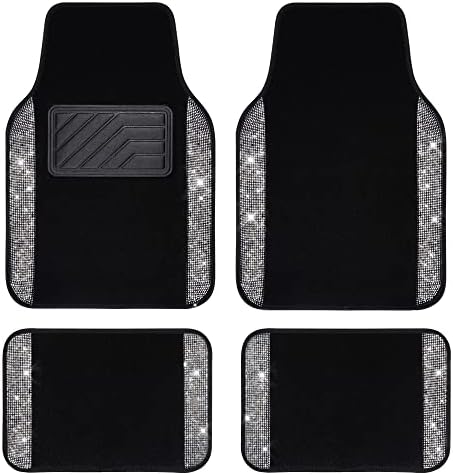 CAR PASS Shining Rhinestones Carpet, Bling Crystal Diamond Sparkly Glitter Car Floor Mats with Anti-Slip PVC Heel Pad Automotive Universal for SUV,Sedan,Car,Van,4pcs for Girl Women (Black Silver)