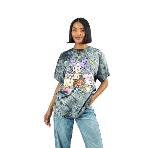 Kuromi, My Melody and Hello Kitty Puff Print Mushroom Scene Women's Black Cloud Wash Crew Neck Short Sleeve T-Shirt