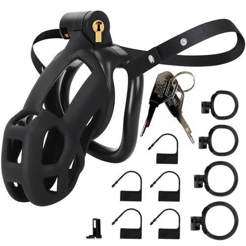 Sex Toys Male Chastity Cage with Elastic Belt & Invisible Lock - 4 Rings Lightweight Comfort Fit Design for Long Term Wear Secure BDSM Bondage Device (M-90mm) - Breathable Large Penis Cage for Men
