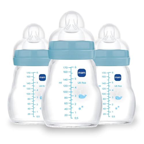 Image of MAM Premium Glass Baby Bottles, Easy Switch Between Breast and Bottle, Feel Good Slow Flow, Newborn Essentials Must Have, 0+ Months, BPA Free, 6oz, Boy, 3 Pack