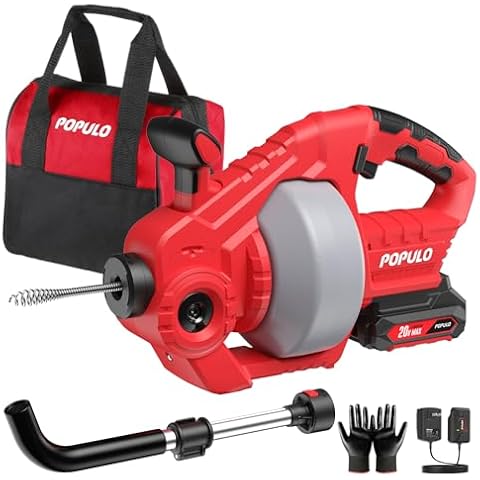 POPULO 20V Cordless Electric Snake Drain,25Ft Drain Auger with 2.0Ah Battery,Extension Tube and Charger,Snake Drain Clog Remover Tool for Toilet,Floor Drain,Sink and Shower 3/4"-2" Pipe Cover