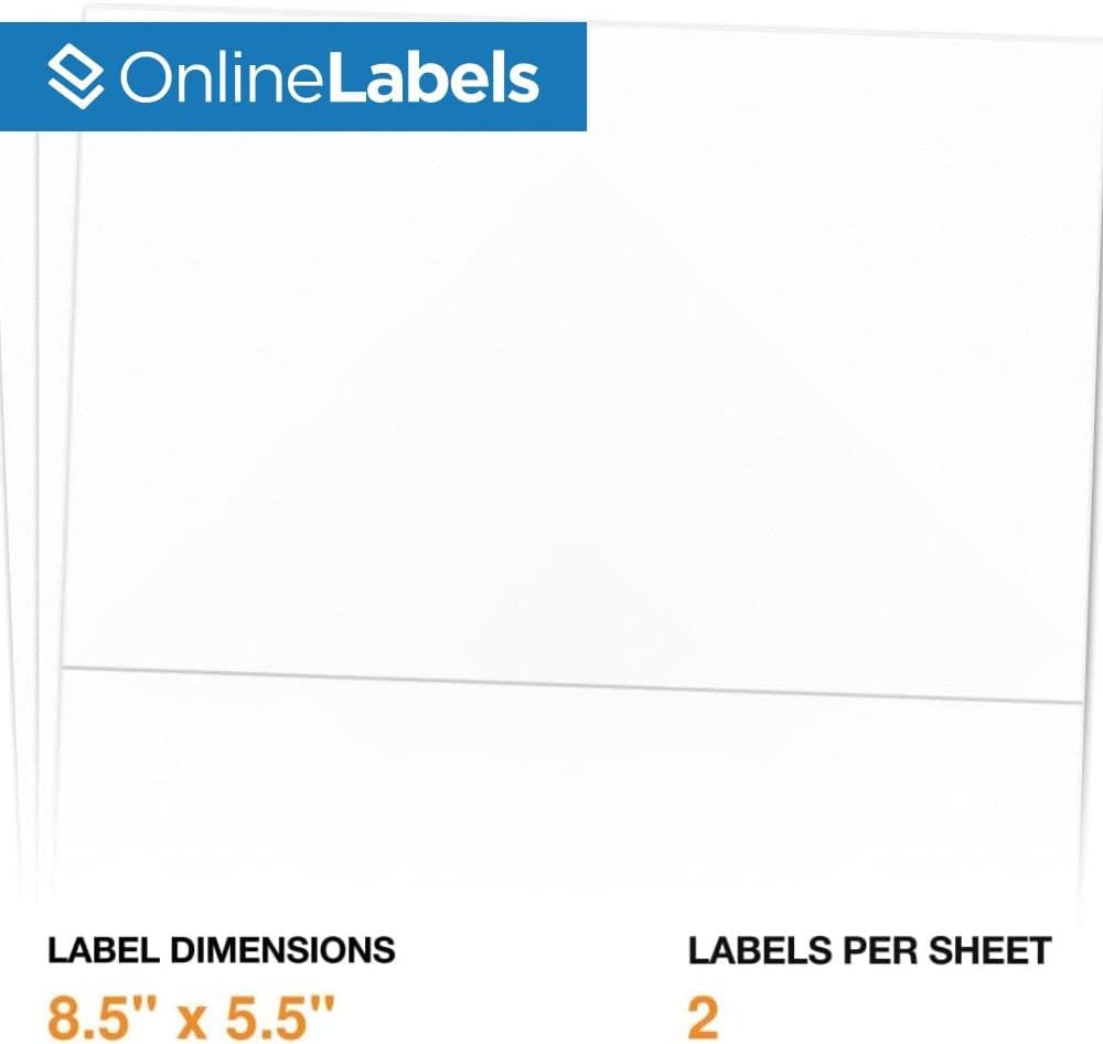 8.5 x 5.5 Half-Sheet Shipping Labels - Permanent, White Matte - for FBA, FedEx, UPS - Pack of 20 Labels, 10 Sheets - Inkjet/Laser Printers - Online Labels