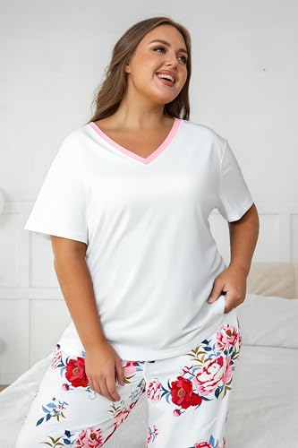 Image of Vozanet Women's Pajama Sets Short Sleeve with Long Pant Soft Sleepwear Printed pj Loungewear With TWO Pockets Size 1X to 5X