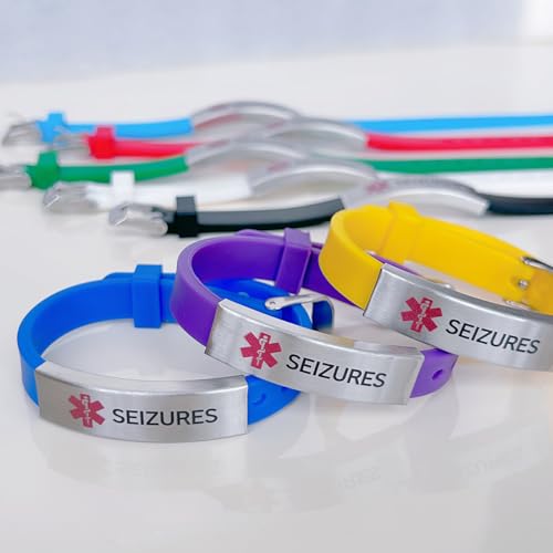 Image of RENYILIN Nine-color eco-friendly silicone bracelet Stainless steel Medical ID Bracelet Adjustable medical alert ID Emergency first aid jewelry (SEIZURES, Black), Uniform size