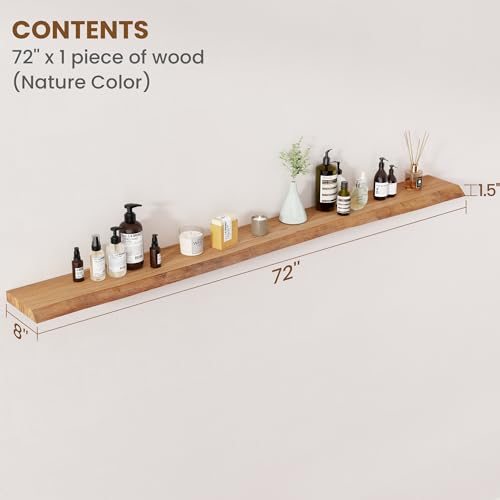 Image of Floating Shelves for Wall Decor, Rustic Solid Elm Wood Live Edge Floating Shelves Wall Mounted, Wall Shelves with Invisible Bracket for Living Room Bathroom Bedroom Kitchen, 72 Inch, Natural