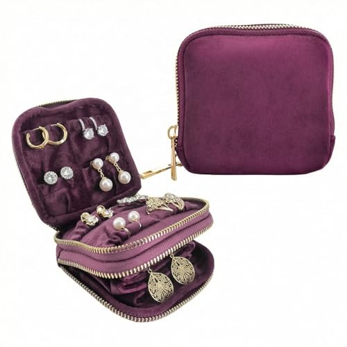 Qonio 2-Layer Travel Jewelry Case Pouch - 11 Pocket Vintage Organizer, Anti-Tangle Small Jewelry Bag for Women Necklaces Earrings Rings，purple