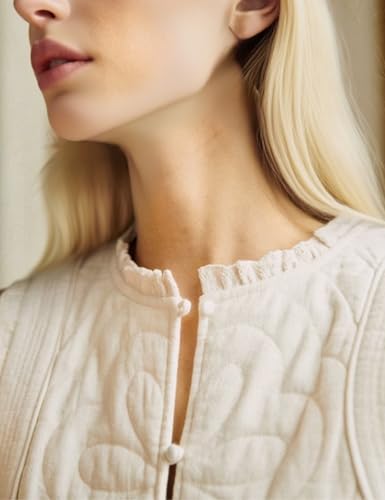 Womens Cropped Quilted Vest Sleeveless Ruffle Trim Vest Lightweight Button Down Outwear3