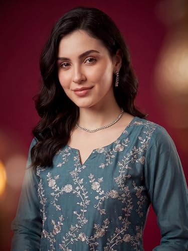 Image of INDO ERA Women's Silk Blend Straight Kurta with Pant & Dupatta Set