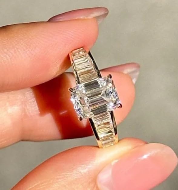 Vintage Art Deco 3 ct Emerald Cut Solitaire,14k Solid Yellow Gold Plated Ring,Channel Set Half Eternity Band,Baguette Cut Shoulders,Trend Setter.size 3-12. women For Her solitire stone gold plated with a transparent,solitire jewellery.2