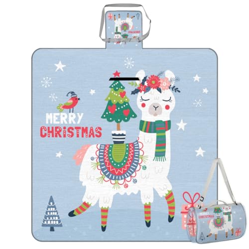 Shimoshe Picnic Blankets 57”x 59”, Christmas Alpaca Waterproof Sandproof Picnic Mat Lightweight Foldable Beach Blanket for Camping Park Grass Beach Outdoor Blanket A1