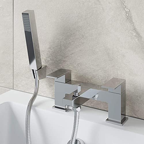 Modern Bathroom Square Bath Shower Mixer Filler Tap with Shower Handset and Hose Attachment Chrome - Image 3