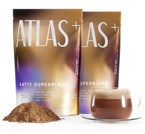 Atlas+ Latte Mushroom Coffee Superblend Premium Coffee with Collagen Probiotics D3 & B12 Lions Mane Reishi Cordyceps Coconut for Energy Focus Immunity & Gut Health 40 Servings (2 Bags)