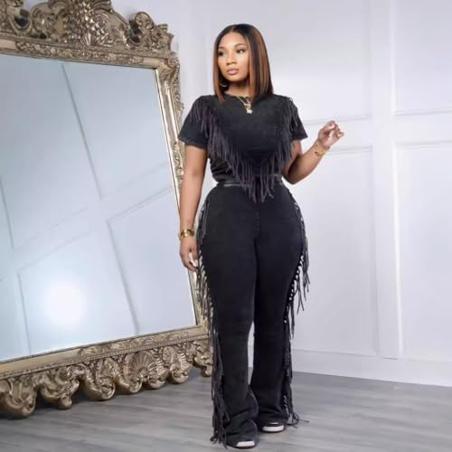 Womens Fringe 2 Piece Lounge Outfits Short Sleeve Crop Top Flare Pants Workout Sets Casual Sweatsuit2
