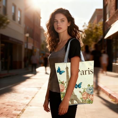 Bolso tote con estampado de la Torre Eiffel, rosas y mariposas, con cierre de cremallera, para uso diario, estilo romántico parisino, bolso de hombro para mujer, ideal como regalo de cumpleaños o festividad miniatura 3