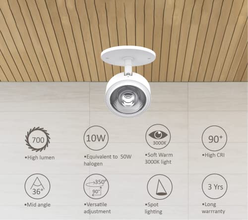 Image of LED Modern Spotlight, Indoor Accent monopoint Lighting Fixture, 10W 3000K for Bookshelf, Art Gallery, Bedroom, Showroom, Kitchen, CRI 90, 38 Angle, ETL Listed,3 Years Warranty, White, 2 Packs