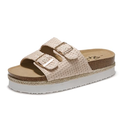 PepStep Slide Sandals for Women with Soft Cork Footbed and Strap, Ladies Fashion Platform Slide Sandals Comfortable Slip On Style(8,PLTFraffia)