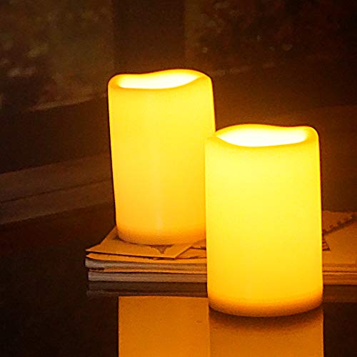 Image of Waterproof Outdoor Flameless Candles with Remote, Set of 2, Large 4 inch x 6 inch Battery Operated Electric LED Pillar Candle Set for Home Decor Party Wedding Supplies Garden Christmas Decoration Gift