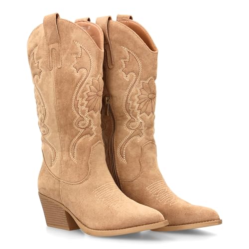 96130 Bota Cowboy de Cana Alta con Bordados para Mujer. Tacon Medio y Punta Fina, Estampado Liso....