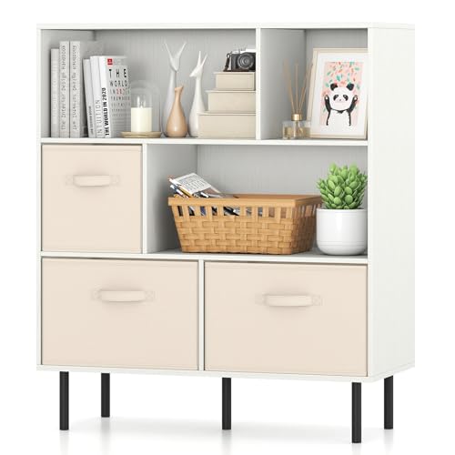 COSTWAY Aparadores para Salon, Mueble Auxiliar para Salón de 3 Niveles con 3 Cajones de Tela Extraíbles, Armario de Almacenaje con Patas de Metal para Salon, Recibidor, Cocina, 90x40x105 cm (Blanco)