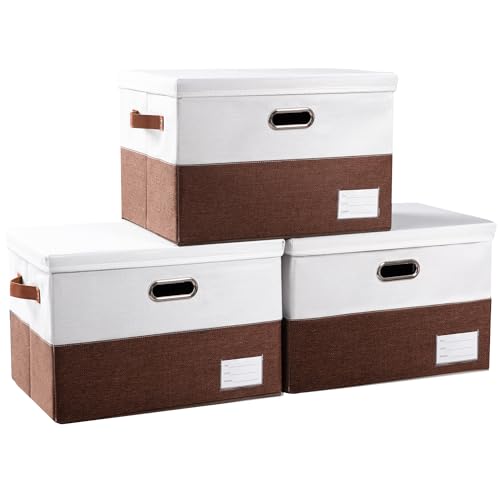 Image of PRANDOM Foldable Storage Bins with Lids [3-Pack] Fabric Collapsible Storage Boxes Baskets Cubes Containers with Handles for Closet Living Room Bedroom (Brown & White 17.7x11.8x11.8'')