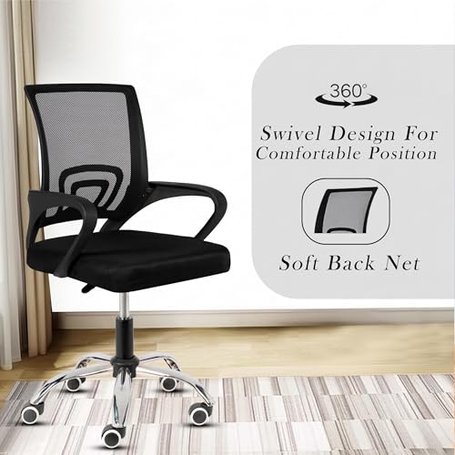 Image of Casa Copenhagen Mesh Mid Back Office /Study /Computer /Revolving /Desk Chair for Work from Home -Metal Base, Height Adjustable Seat- Jet Black & Black Handle