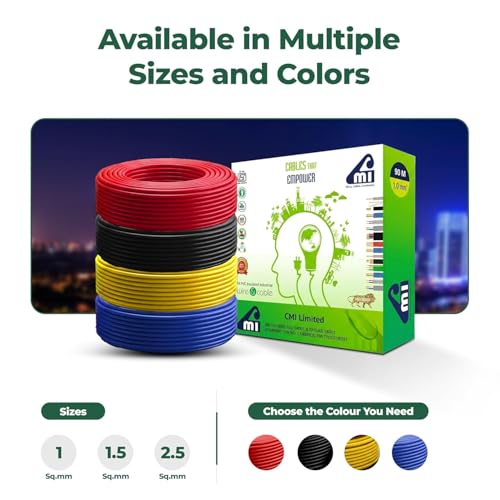 Image of CMI Wires & Cables 1 Sq. MM Single Core Copper Wire 45 Meter Roll, Black, Flame Retardant PVC Insulated Electrical Cable, Eco-Friendly, 10-Year Warranty for Domestic & Industrial Wiring
