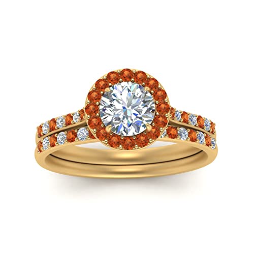 Image of Choose Your Gemstone Round Halo Ring with Matching Pave Band Yellow Gold Plated Round Shape Wedding Ring Sets Everyday Jewelry Wedding Jewelry Handmade Gifts for Wife US Size 4 to 12