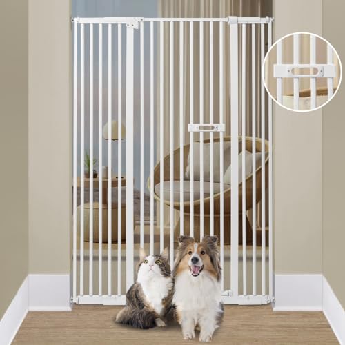 59" Extra Tall Cat Gate 2024 Easy Opening Auto Close Gate for Door Way, 30"-45" Extra Wide Pet Gate with 4" and 7.85" Extension Kits, Pressure Mount Kit Gate, White