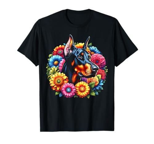 Dulce Doberman como retrato en flores coloridas Camiseta