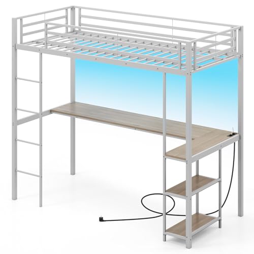 COSTWAY Cama Alta con Escritorio 200 x 90 cm, Cama Alta Juvenil con LED, Estación de Carga y Almacenamiento, Barandilla de Seguridad y Escalera (Negro)