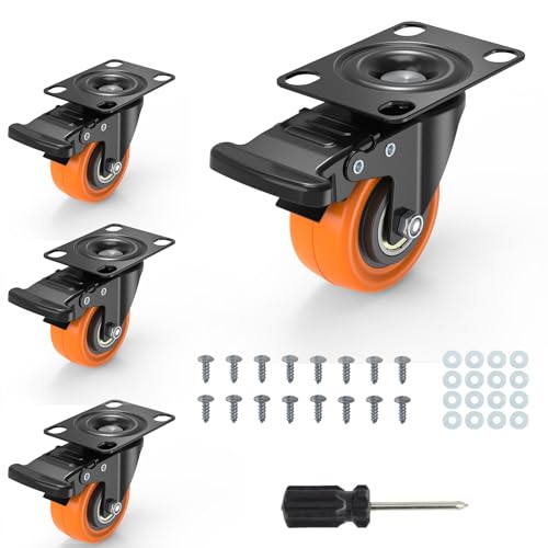 DEWEL プレート キャスター 車輪 交換 台車 静音 ストッパー付き 2インチ ゴム ウレタン 50mm 後付け 家具 交換キット 自在 360度回転 DIY 4個セット 総耐荷重120kg ブレーキ付き スムーズ 移動 (オレンジ)