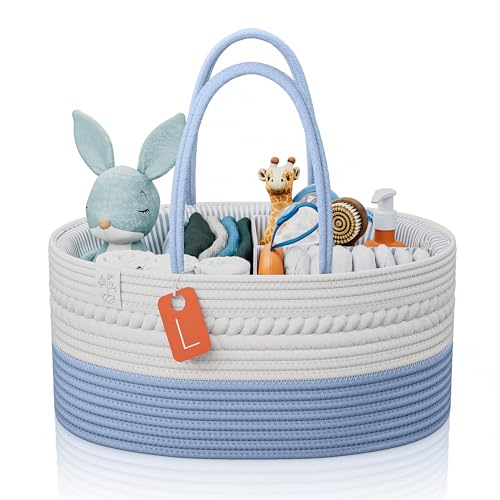 Image of KiddyCare Diaper Caddy Baby Organizer Cart for Nursery | Car Diaper Caddy for Baby Boy/Girl | Baby Bath Storage/Shower Basket Gift for Changing Table with Handle Lid | Diaper Holder | Blue Large