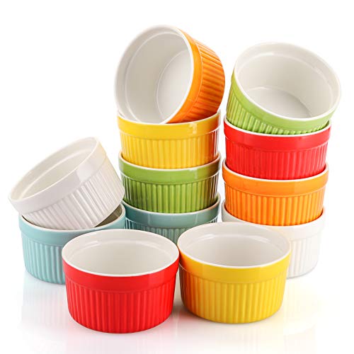 Foraineam Ramekins - Juego de 12 platos de porcelana de 6 colores para soufflé, postre, crema y helado
