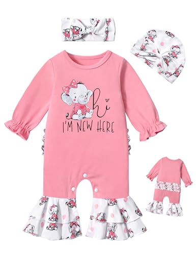 Image of AGAPENG Newborn Girl Clothes Ruffle Letter Print Romper Infant Bell Bottom Jumpsuit Boho Baby Girl Clothes with Headband Hat