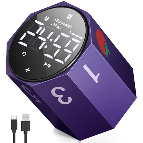 Digital Pomodoro Timer,Frosted Metal Productivity Cube Timer,1.8 In LED Digital Large Screen,Auto-rotating Display,1/3/5/10/25/30/60min & Custom Time, Silent & Alarm,for Office, Study, Work(Purple)