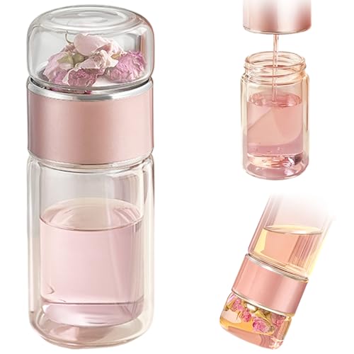 CAKEEYUM Tea Infuser Bottle 9oz Double-Wall Glass Tea Tumbler with Stainless Steel Infuser for Loose Leaf Home Office Travel