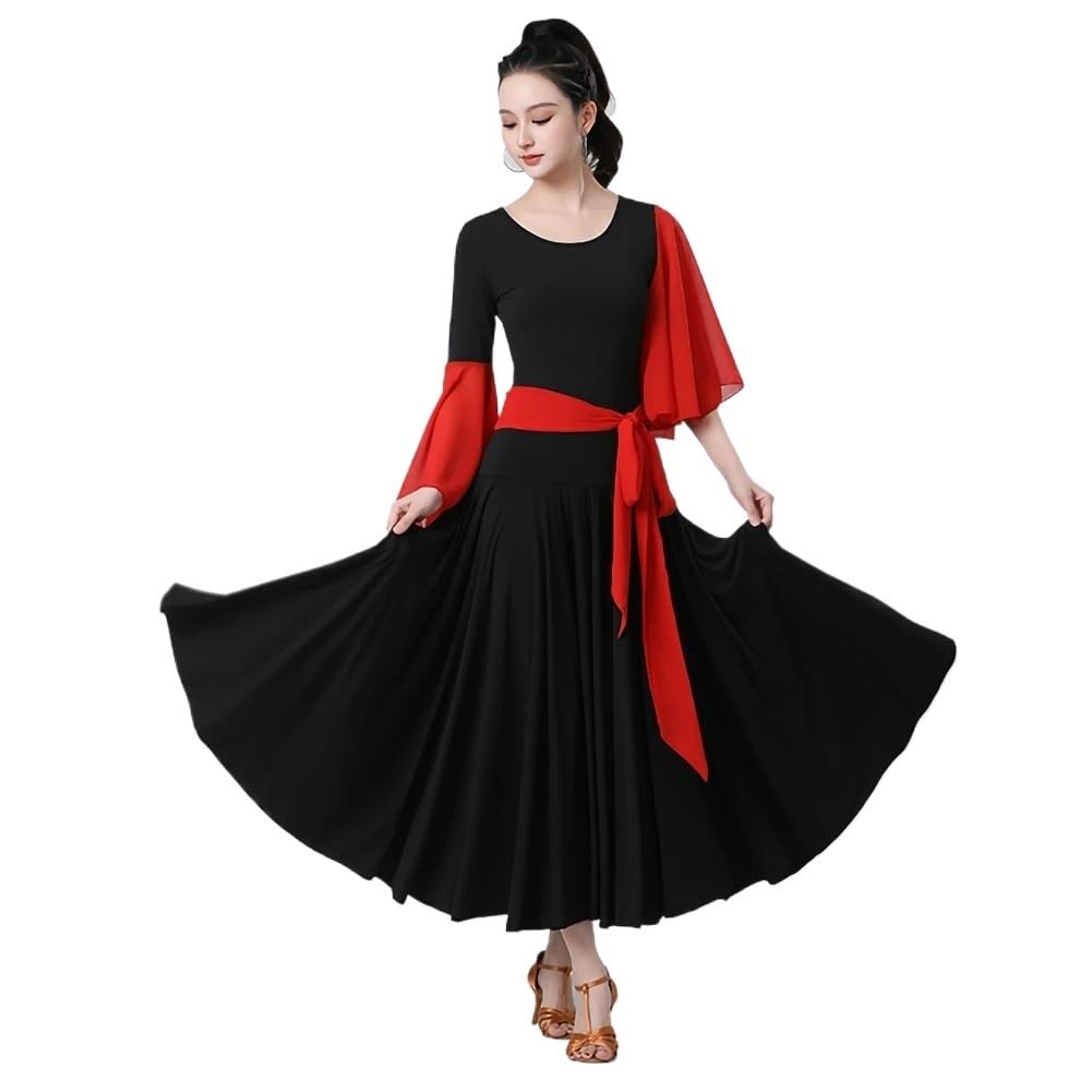 Modern Dance Kleid Standard-Turnierkleid aus Chiffon, langes Chiffonkleid mit Rundhalsausschnitt, schwarz