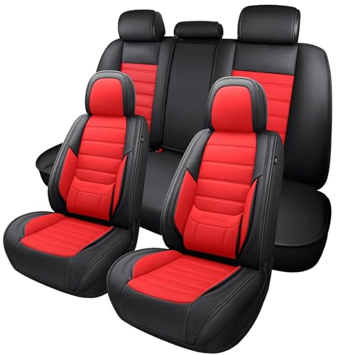 Image of MINGBRON Car Seat Covers Full Set,Black White Car Seat Cover, Car Seat Protector Waterproof, Nappa Leather Car Seat Cushion Fit for Most Cars Red