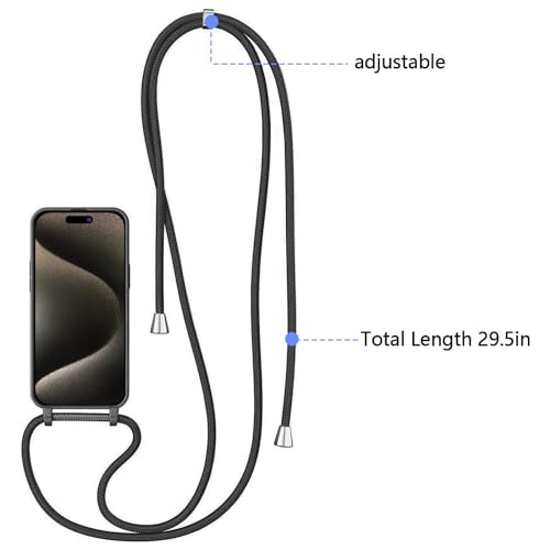 INFOSUN iPhone 15 Pro Max Case with Strap Crossbody Cover Neck Cord Lanyard Soft Silicone Shell Adjustable Wrist Tether Safety Straps for Apple iPhone 15 Pro Max(2023) (Black)