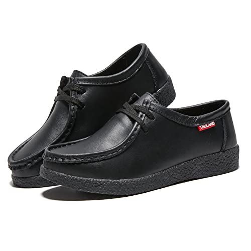Image of TRULAND Leather Oxford Shoes for Women - Suede Lace Up Moc Toe Low Platform Flat Wallabees Shoes