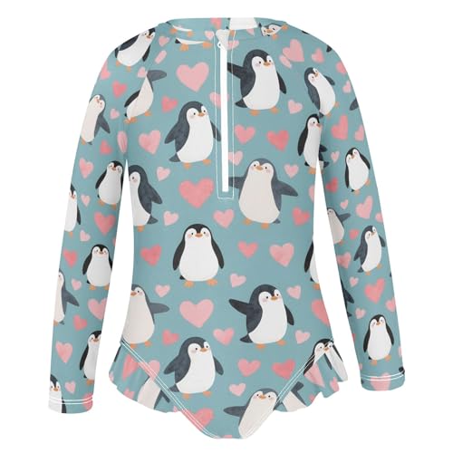 Cartoon Penguins and Love Pattern Girls Long Sleeve Swimsuit Rash Guard One Piece Bathing Suits Zipper 3-12T2
