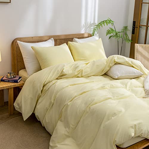 Image of BESTOUCH Cotton Solid Duvet Cover Set Linen Feel Light Yellow Queen | 100% Washed Cotton, Soft Wrinkle Texture, Hidden Zipper, 8 Ties, Breathable Lightweight Durable Comfy, 3 Pcs No Insert