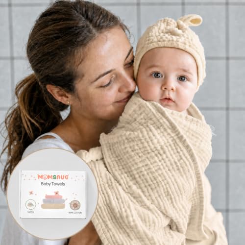 Image of Momsnug 3-Pack Muslin Hooded Baby Towels, Rose+Grey+Apricot, 35 inch X 35 inch | 100% Cotton, Ultra-Soft & Highly Absorbent ,Quick-Dry for Delicate Skin, For Babies, Toddler and Newborn