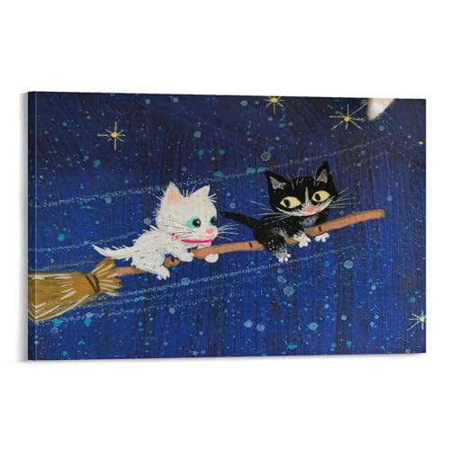 画家 渡辺あきお イラスト 水彩画 ほうきに乗った猫 ポスター パネル モダン部屋飾り 壁の絵 インテリア ホームアートワーク16x24inch(40x60cm)