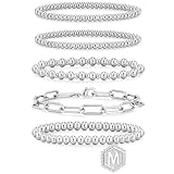 adoyi Silver Beaded Bracelets for Women, 14K Gold Plated Jewelry Bracelet Stack Dainty Initial Stackable Stretch Bead Ball Letter M Strand Bracelet Set Adjustable Gift for Women