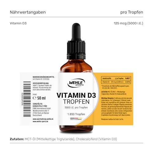 Vitamin D3 5000 IE pro Tropfen hochdosiert – Flüssiges Vitamin D3 50ml (1850 Tropfen) mit MCT-Öl aus Kokos – Laborgeprüft – Verpackung kann variieren