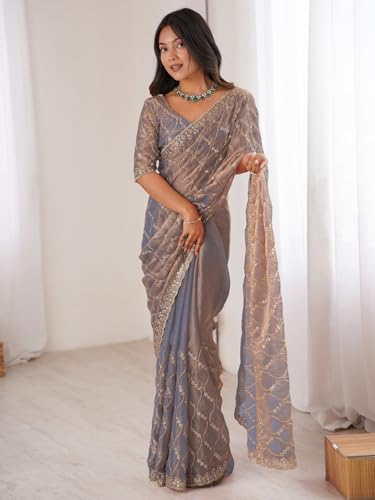 Image of AKHILAM Women's Shimmer Chiffon Heavy Sequence Embroidery Work Saree With Unstitched Blouse Piece (VT798A VM Parent)